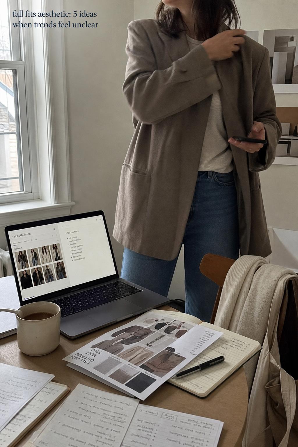 Fall fits aesthetic workspace photo of person adjusting blazer by desk with laptop, notes, and phone in soft window light