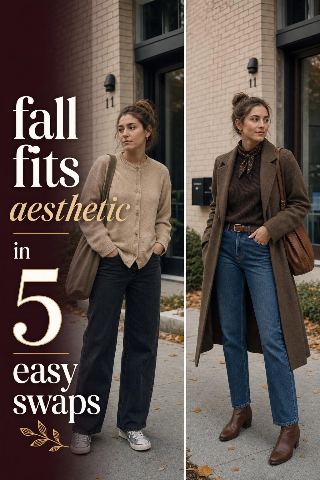 Fall fits aesthetic outfit laid flat with cozy sweater, jeans, boots, and autumn accessories on a neutral background