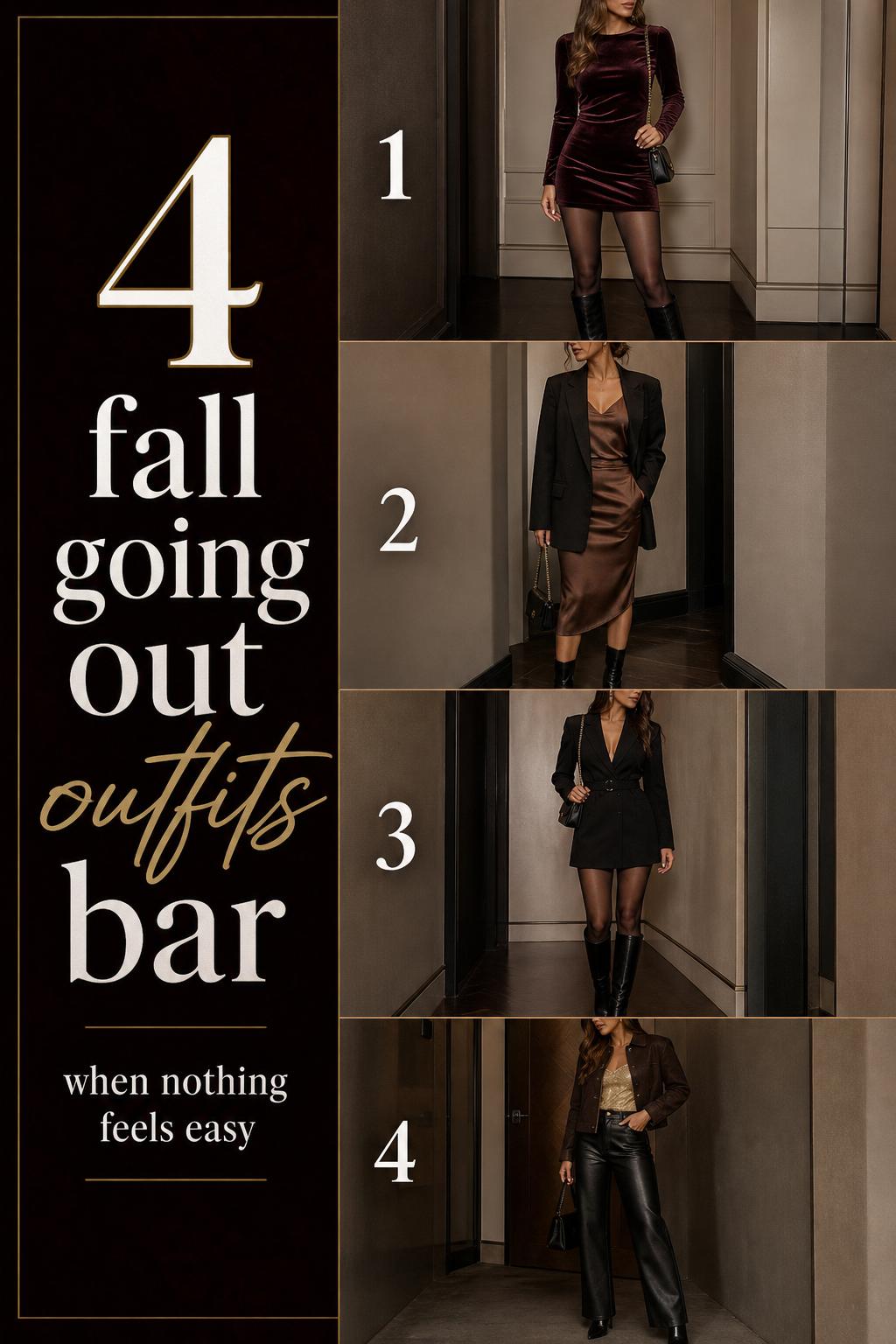 Fall going out outfits bar checklist with 4 polished nightlife looks for cool autumn evenings in a clean Pinterest-style layout.