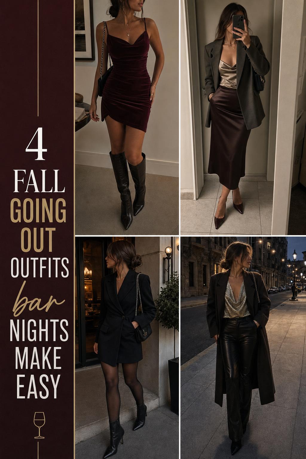 Fall going out outfits bar guide in a 4-panel grid with velvet dress, blazer, satin skirt, and leather pants looks.