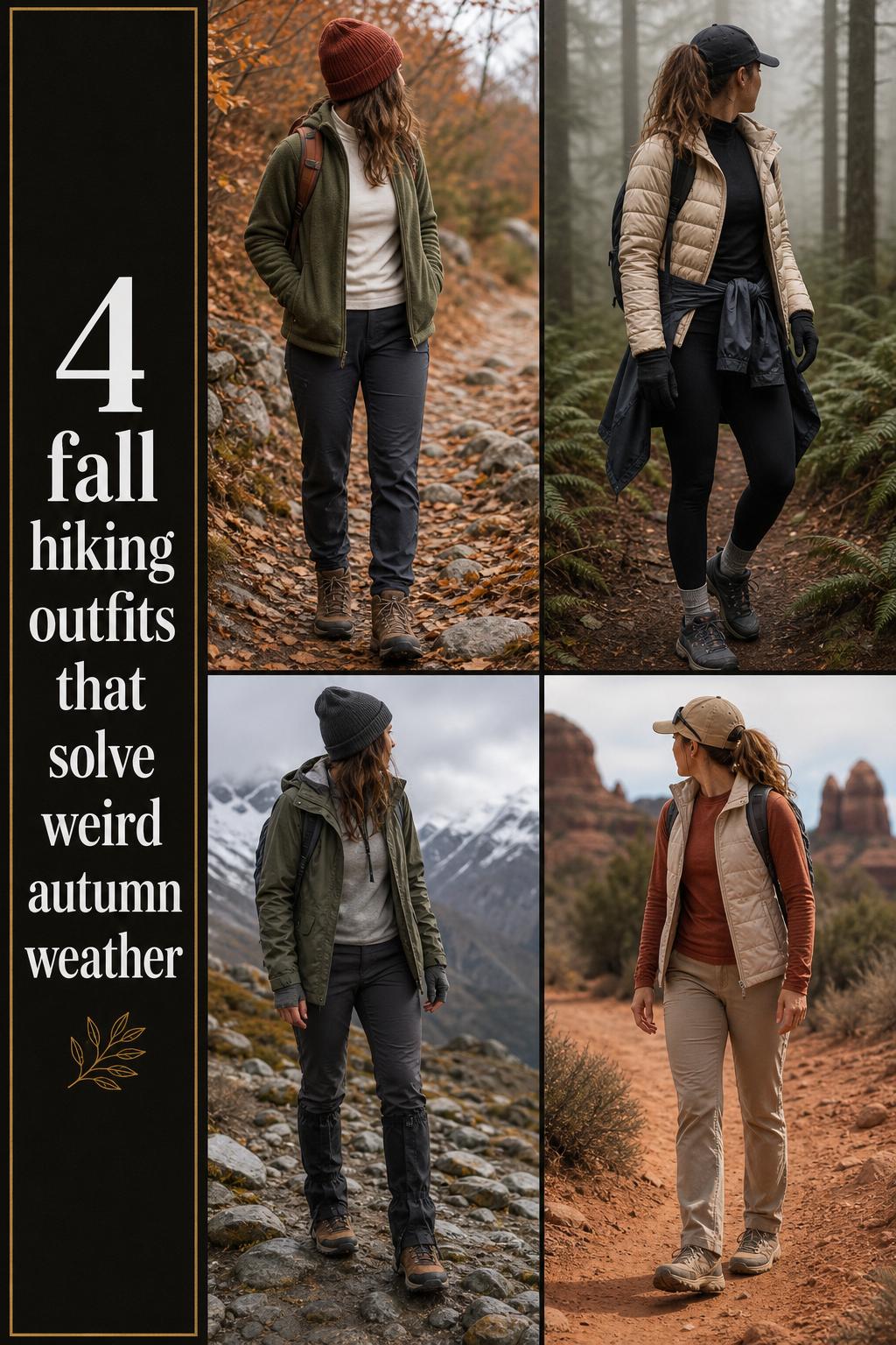 Fall hiking outfits grid showing four practical layered looks for shifting autumn weather in outdoor trail settings.