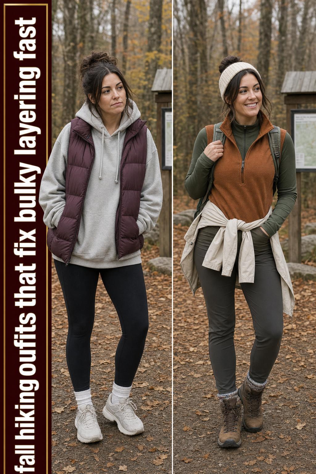 Fall hiking outfits on a trail, layered jacket and boots among autumn leaves in natural light