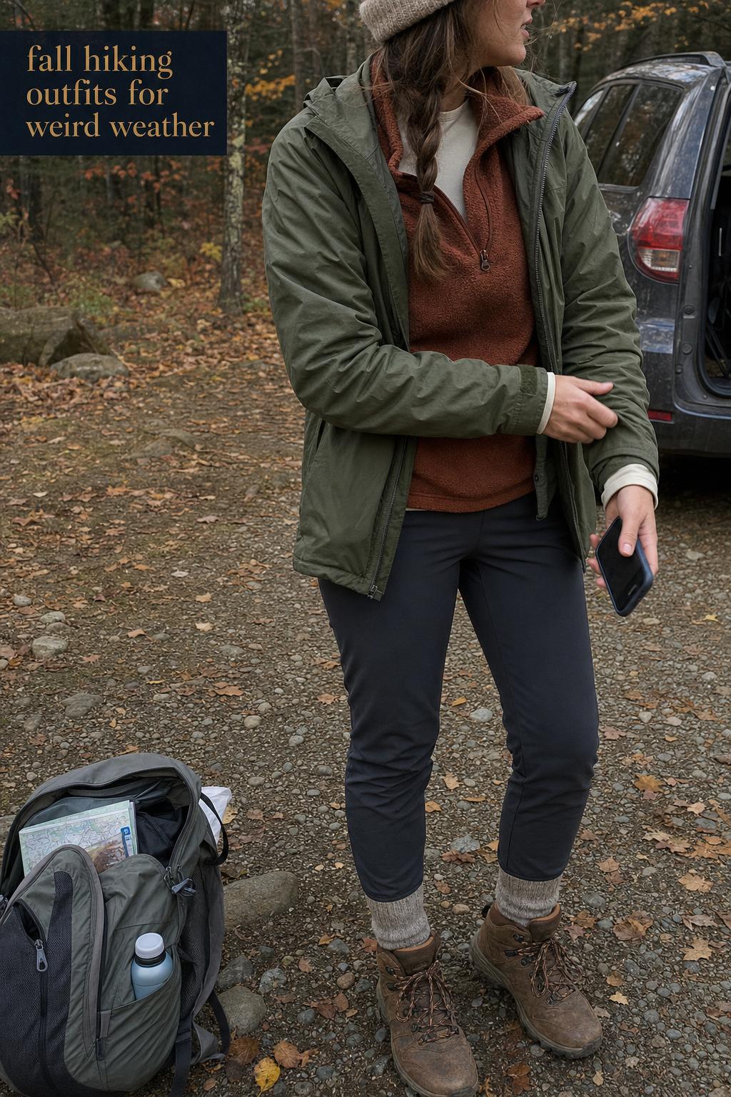 Woman adjusting olive rain shell on leaf-strewn trailhead in practical fall hiking outfits for weird weather