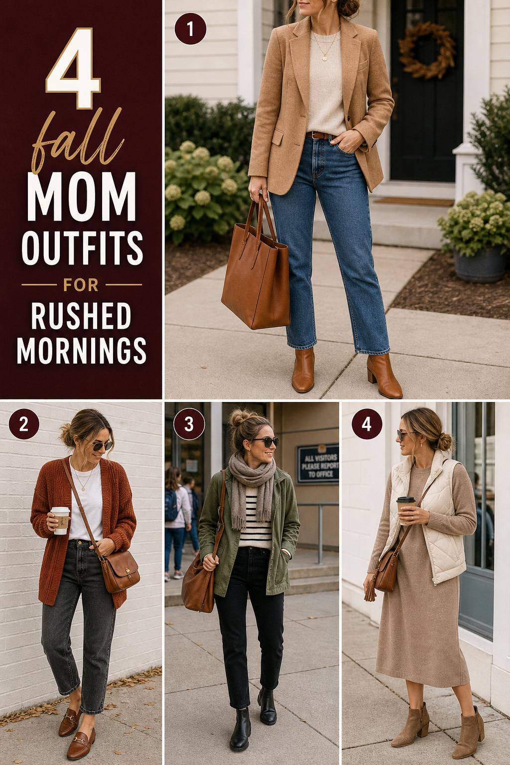 Fall mom outfits Pinterest-style board with 4 easy looks including camel blazer, rust cardigan, olive jacket, and sweater dress