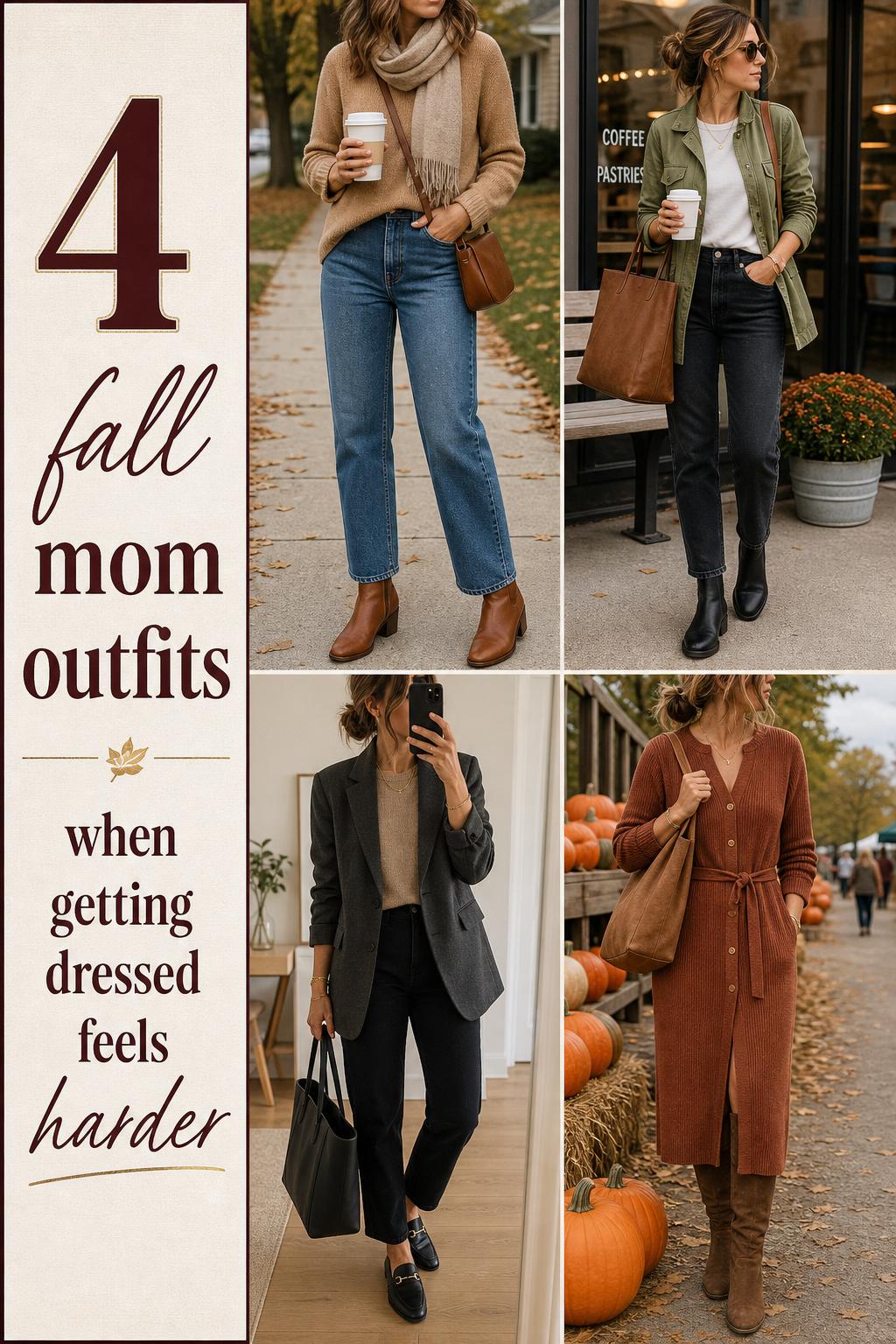 Fall mom outfits grid with 4 cozy early-fall looks in camel, olive, charcoal and rust for everyday school pickup style