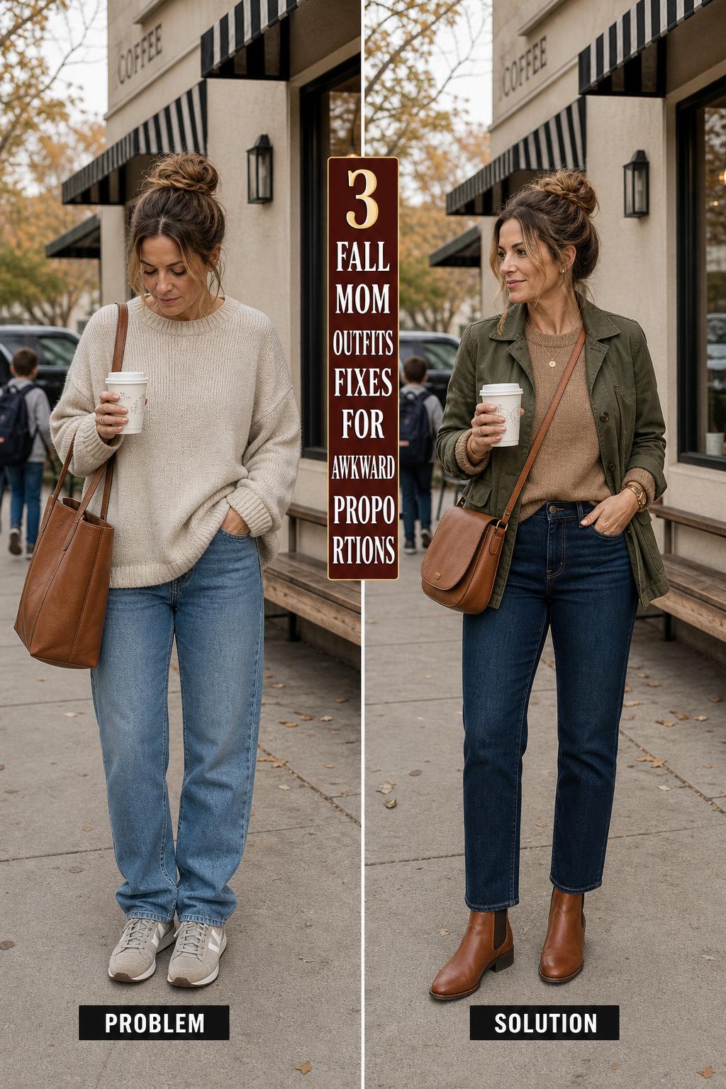 Fall mom outfits featuring a stylish mother in a cozy sweater and jeans on an autumn stroll
