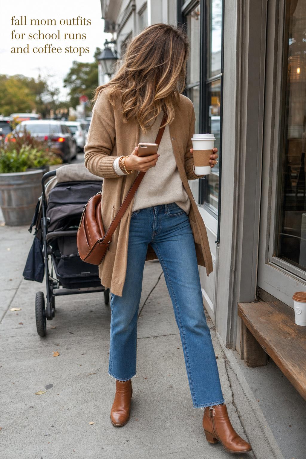 Fall mom outfits with jeans, oatmeal sweater, camel cardigan, and cognac boots on a suburban coffee run.
