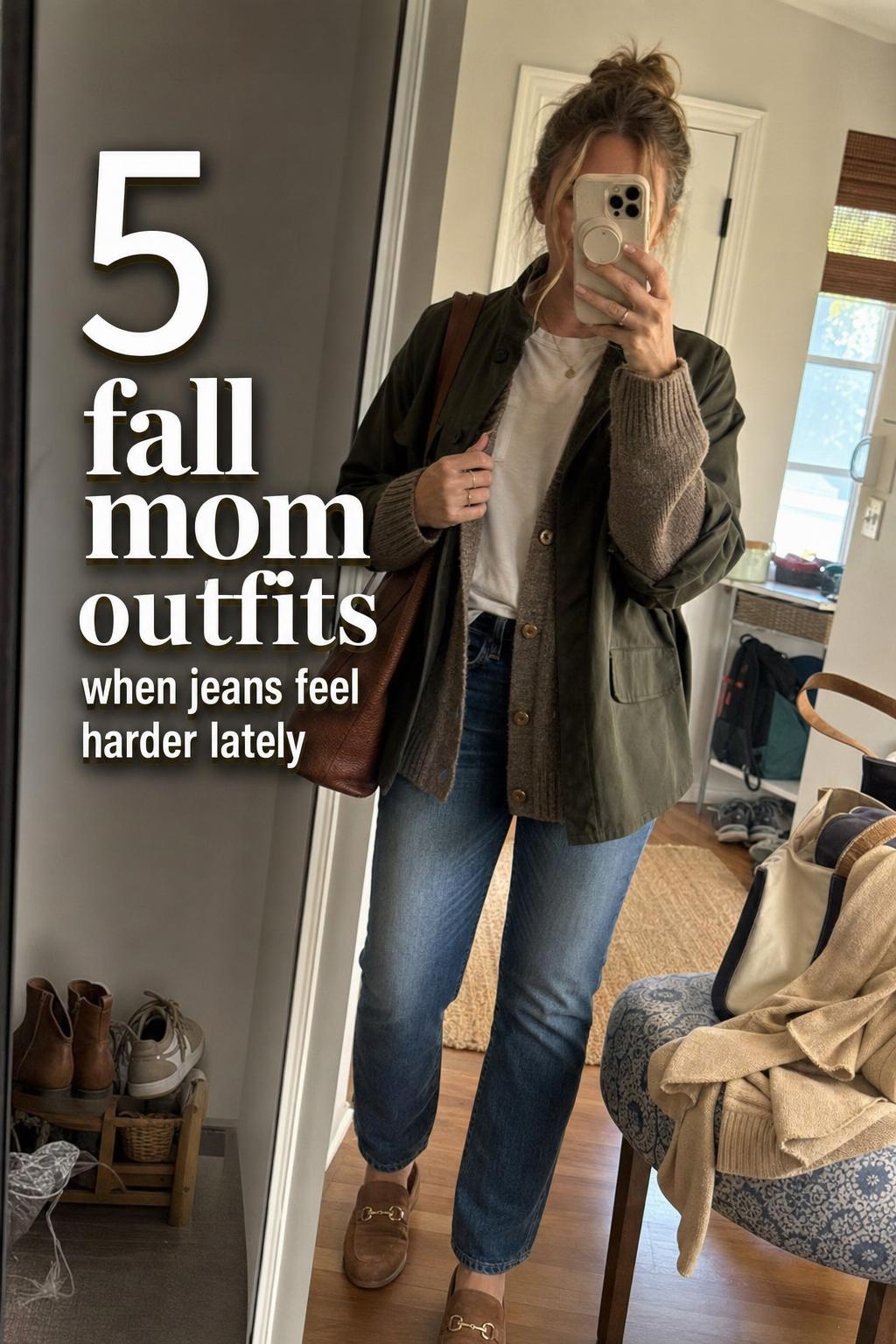 Mirror selfie of a mom in jeans, knit sweater and boots with text overlay about fall mom outfits in a lived-in entryway