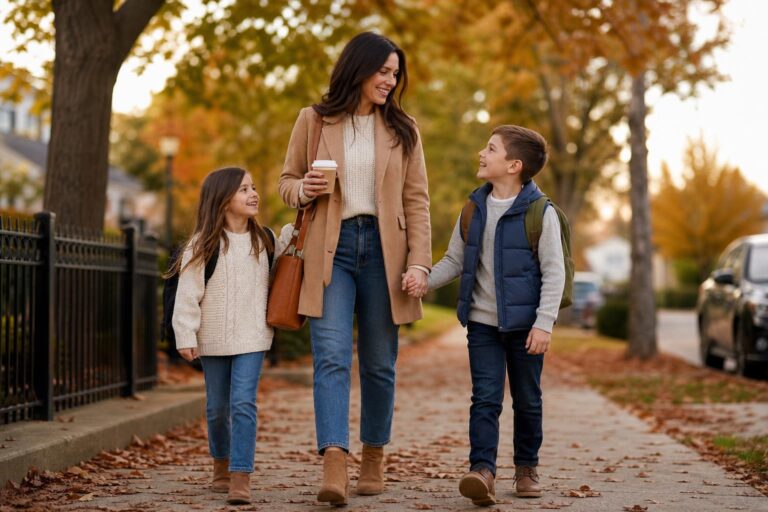Fall mom outfits with camel knit sweater, straight-leg jeans, and ankle boots for early autumn school drop-off