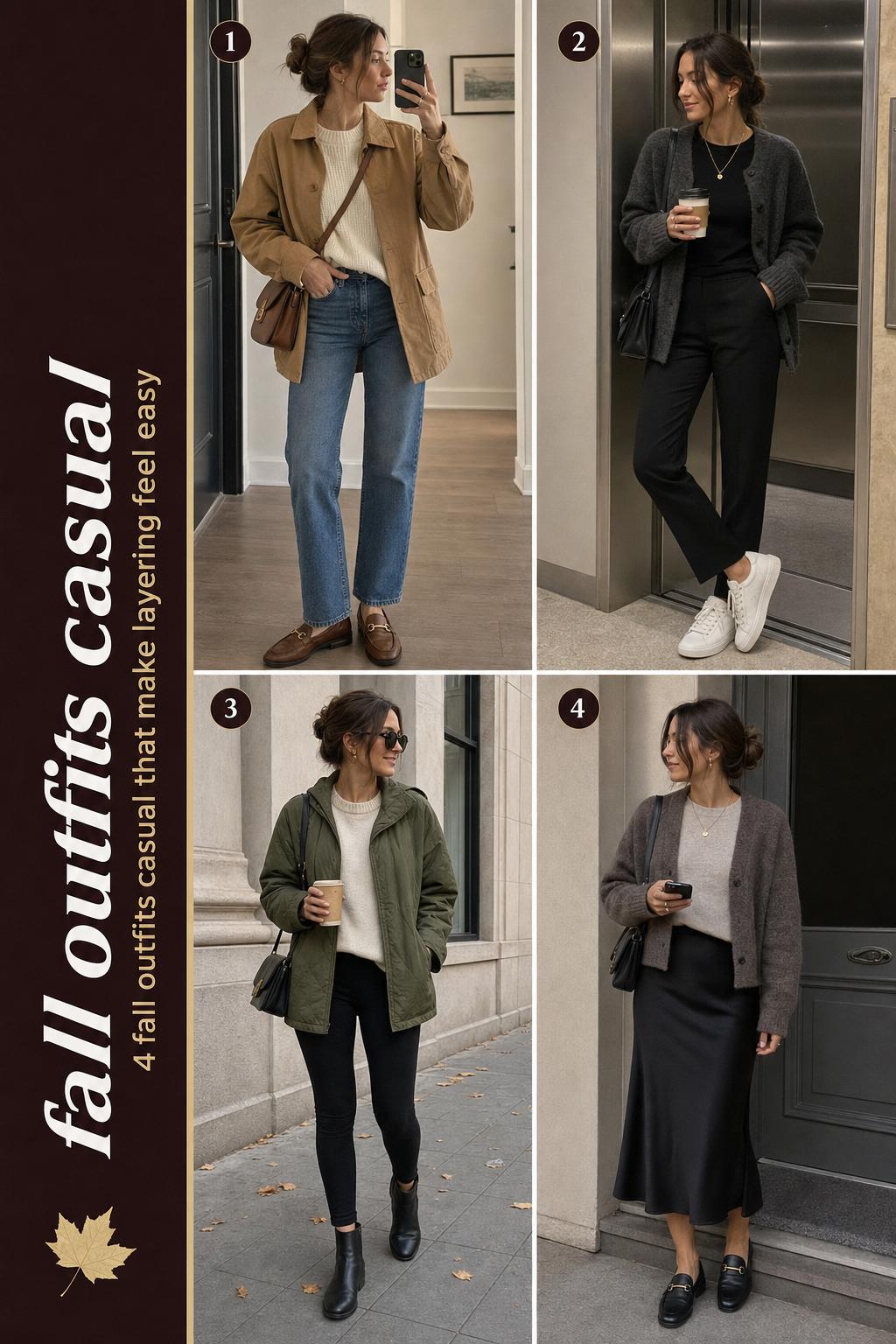Fall outfits casual collage with 4 neutral layered looks in everyday city settings, sweaters, jackets, denim, skirts