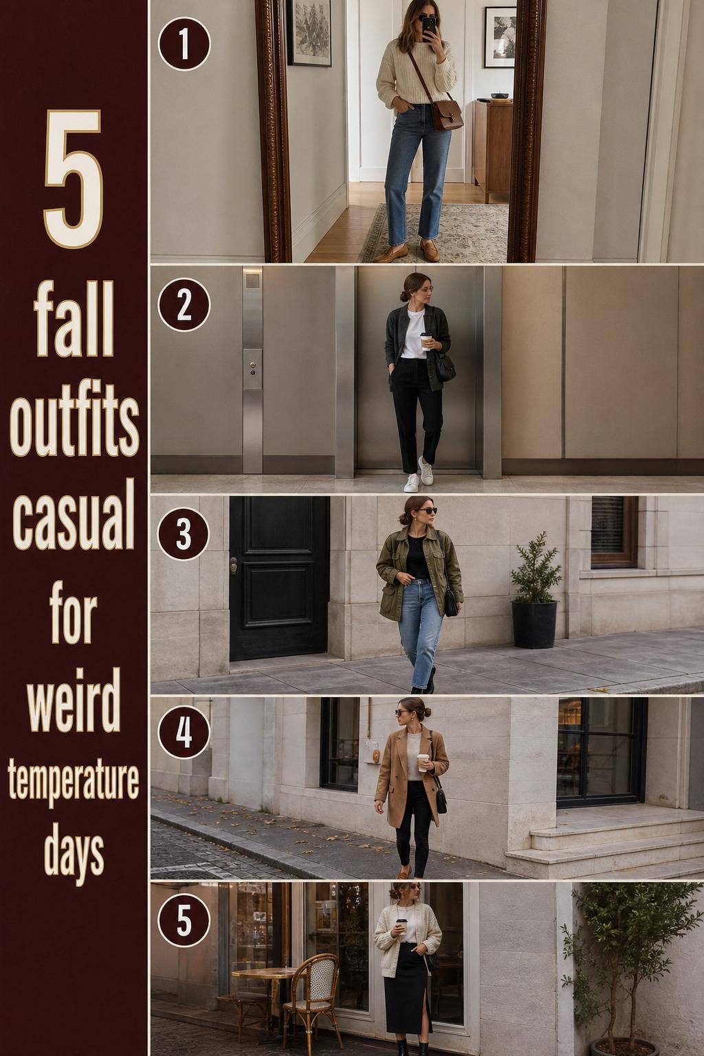 fall outfits casual visual list with 5 realistic layered looks for weird temperature days, sweaters, jeans, boots and loafers