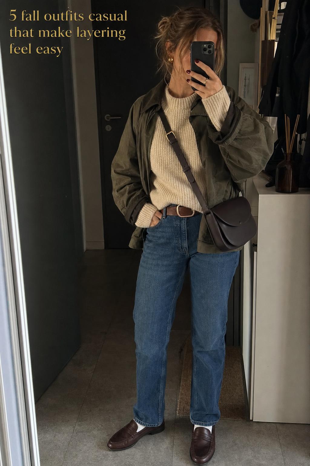 Mirror selfie in an apartment hallway showing fall outfits casual with knit sweater, olive jacket, jeans, and loafers
