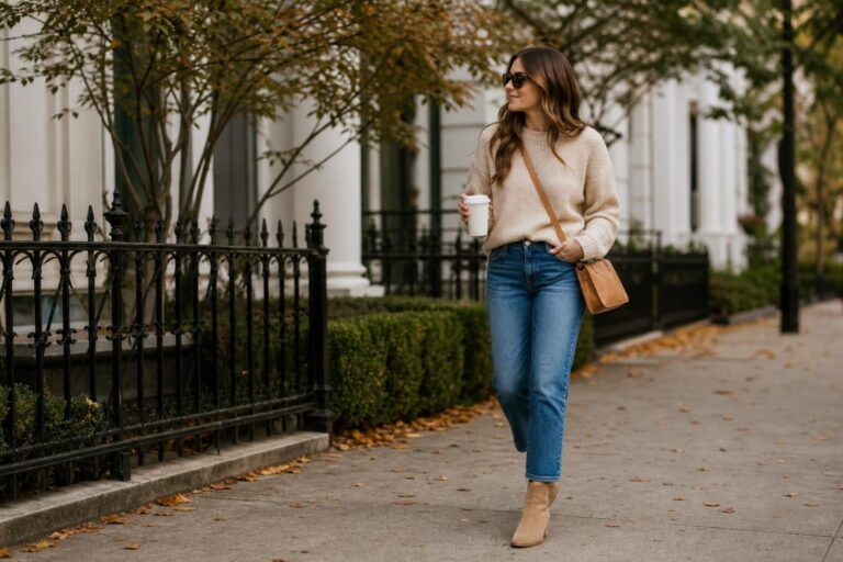 Fall outfits casual look with knit sweater, straight-leg jeans, and sneakers for a polished everyday style