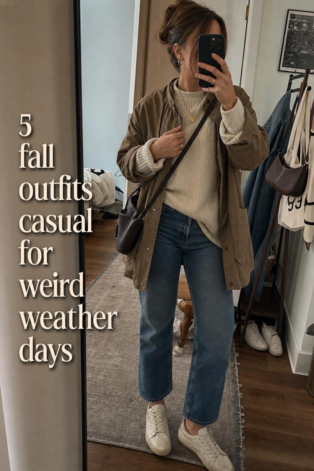 Fall outfits casual mirror selfie in a lived-in apartment, cream knit sweater, blue jeans, and light jacket with crossbody bag