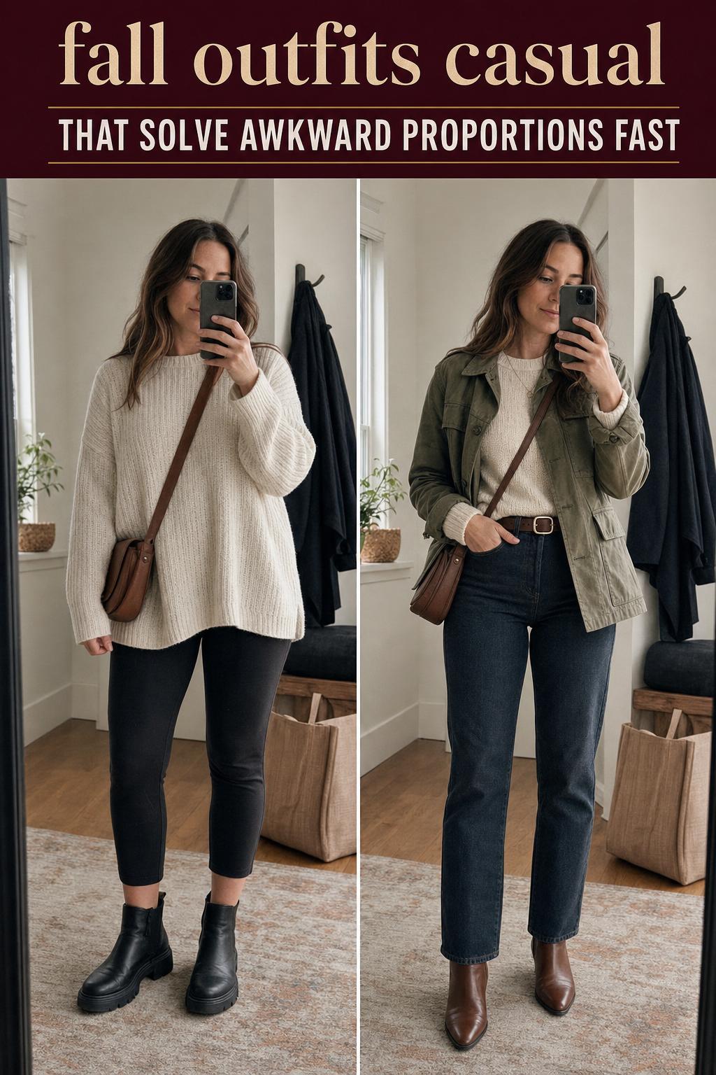 Fall outfits casual street style with cozy sweater, jeans, and ankle boots on a leafy autumn sidewalk
