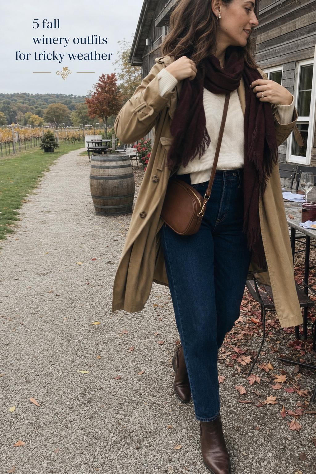 Fall winery outfits idea: woman in camel trench and burgundy scarf walking by vineyard patio on an overcast afternoon