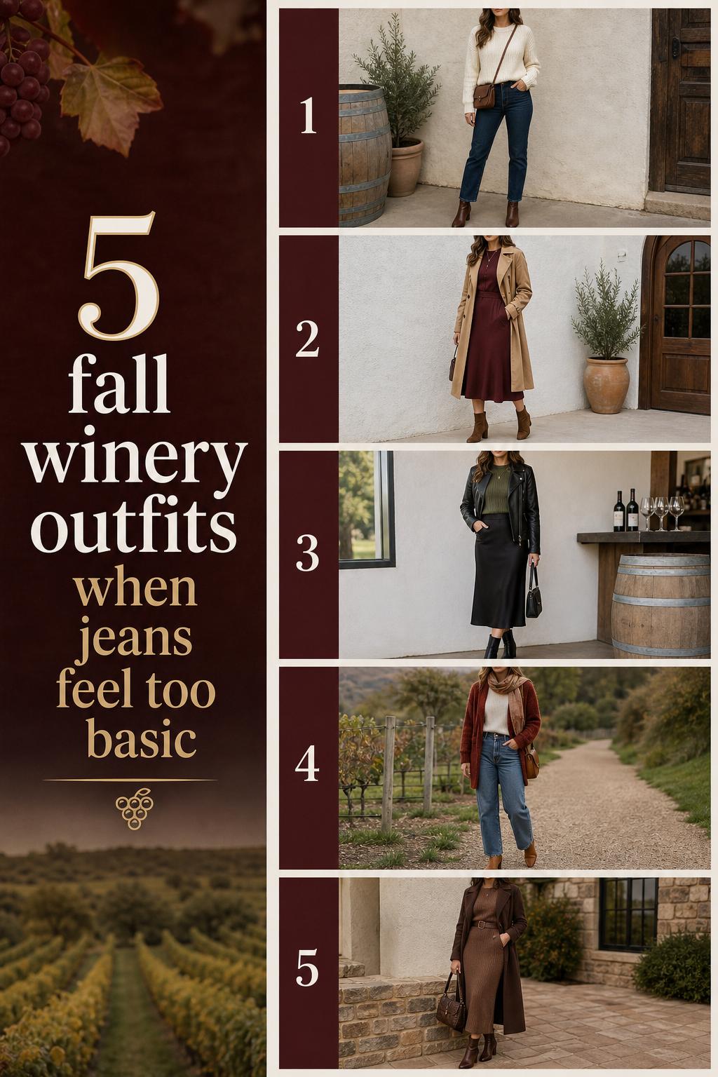 Fall winery outfits checklist featuring five smart-casual looks with knits, trench coat, midi dress, denim and boots