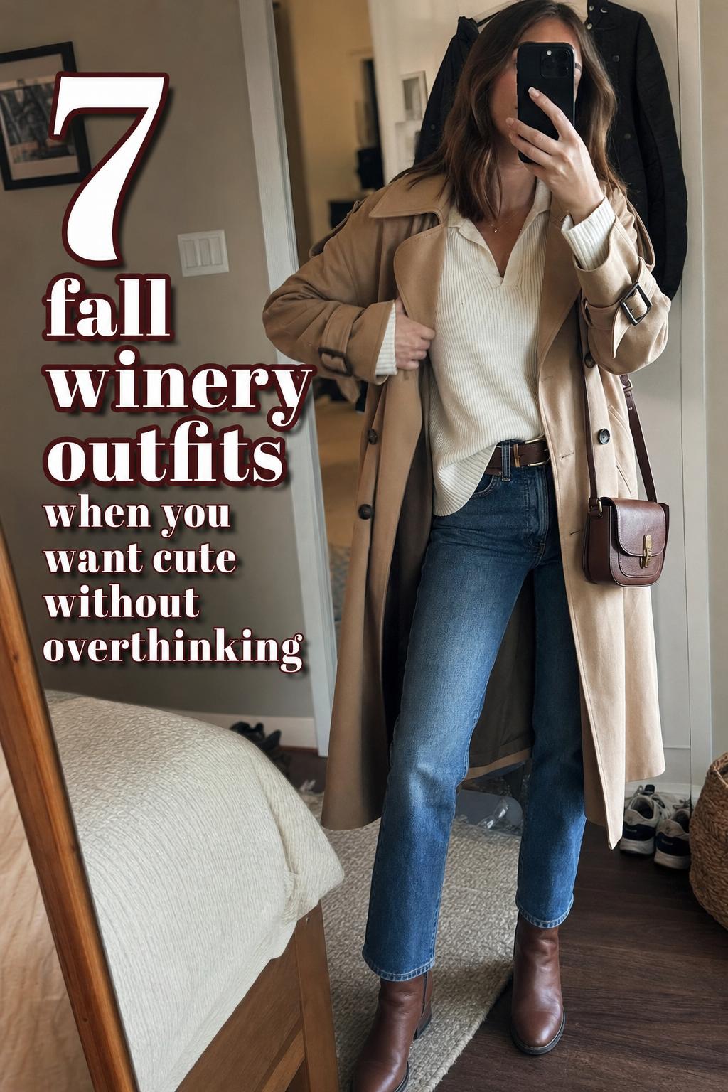 Fall winery outfits mirror selfie in cozy bedroom, woman adjusting camel trench coat with jeans and ankle boots