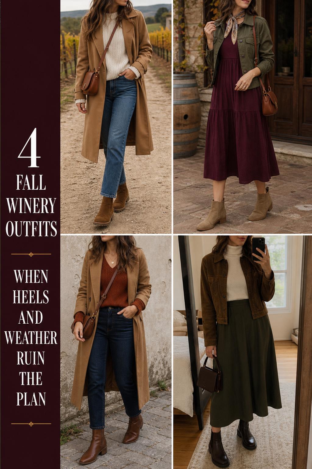 Fall winery outfits grid featuring four cozy chic looks with trench coats, denim, midi dress and boots in vineyard settings