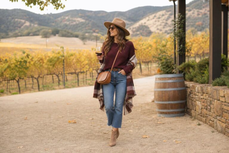 Fall winery outfits with a trench coat, knit sweater, dark jeans, and ankle boots on a vineyard patio tasting