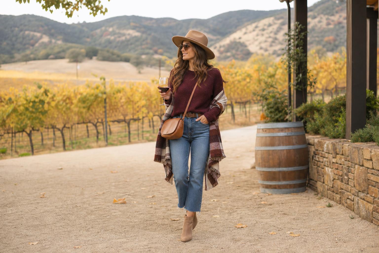 Fall winery outfits with a trench coat, knit sweater, dark jeans, and ankle boots on a vineyard patio tasting