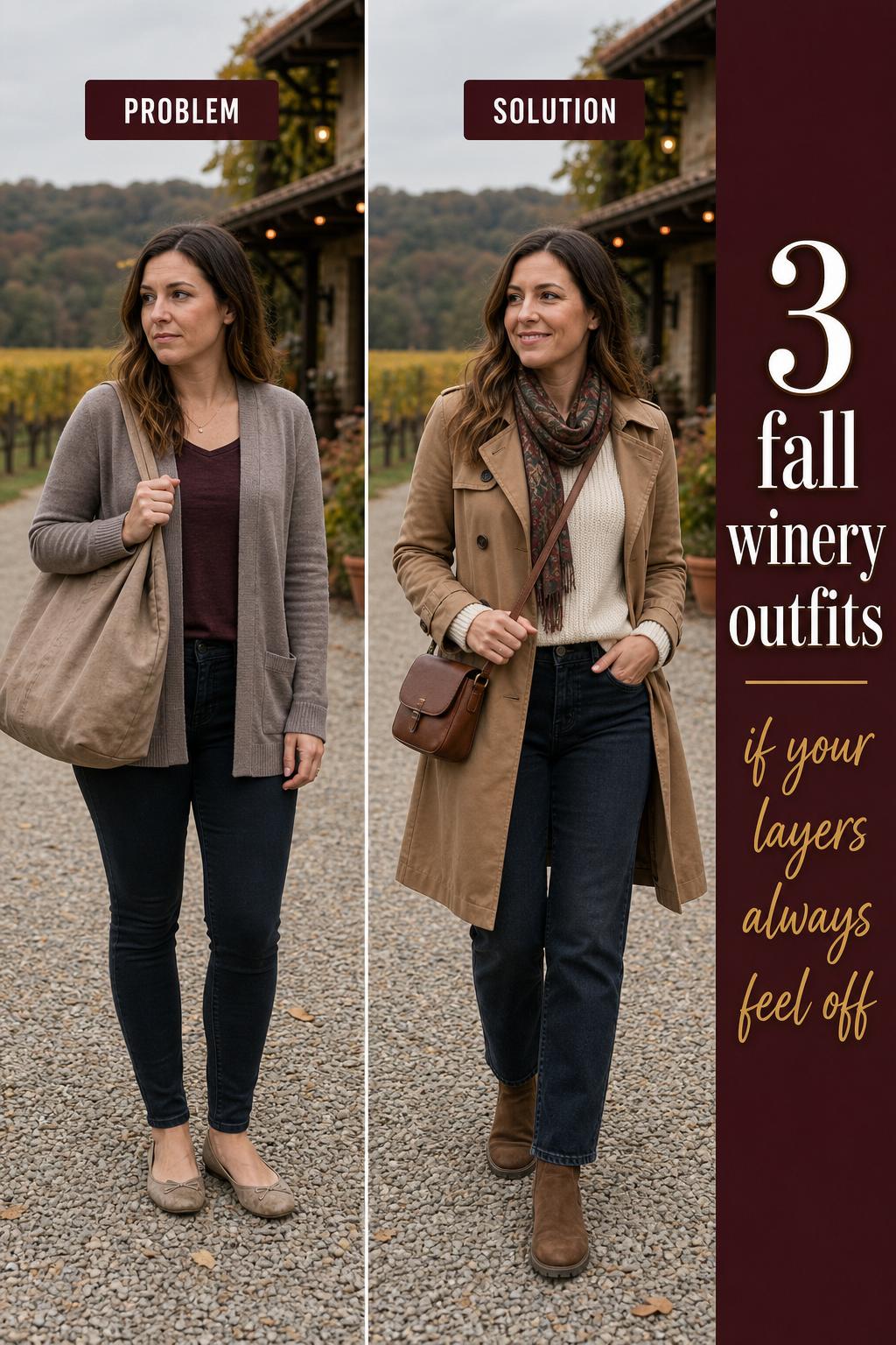 Fall winery outfits in a vineyard, stylish layered looks with boots and scarves, golden autumn leaves