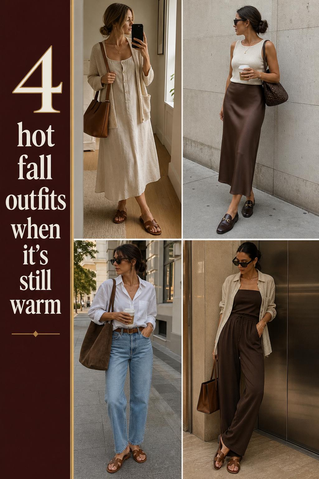 Hot fall outfits collage featuring 4 warm-weather early autumn looks with earthy neutrals in casual urban settings