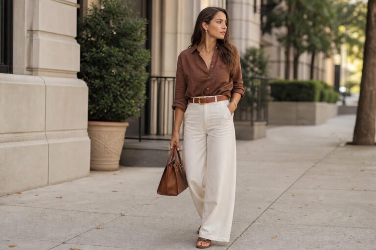 Hot fall outfits idea: linen midi dress with lightweight cardigan, sandals, and a structured bag in warm autumn tones