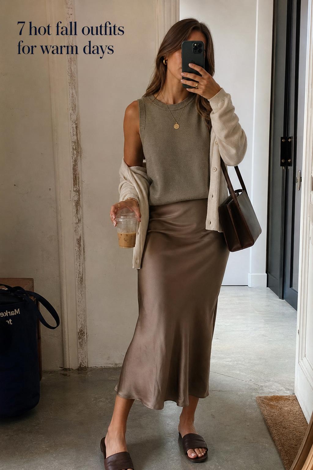 Hot fall outfits for warm days featuring an earth-tone satin midi skirt and cardigan in a candid urban hallway snapshot.