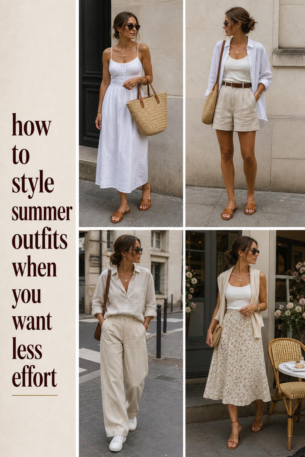 How to style summer outfits outfit grid with 4 minimalist looks in linen and cotton, neutral palette, natural daylight