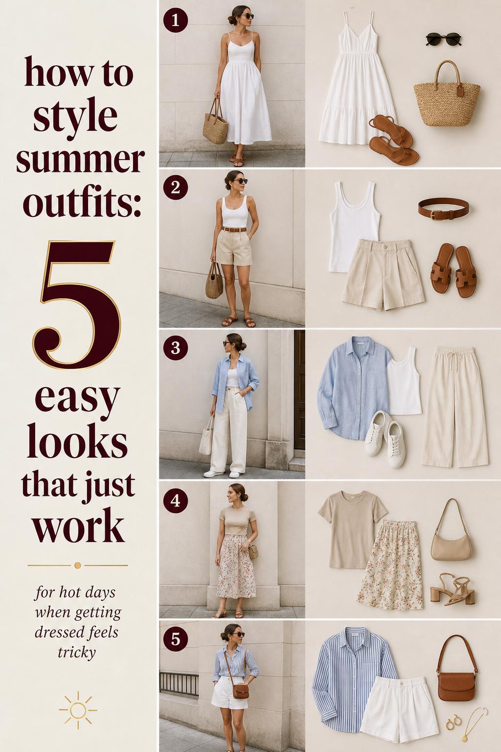 How to style summer outfits checklist pin featuring 5 neutral looks with dresses, shorts, linen layers, floral skirt and stripes
