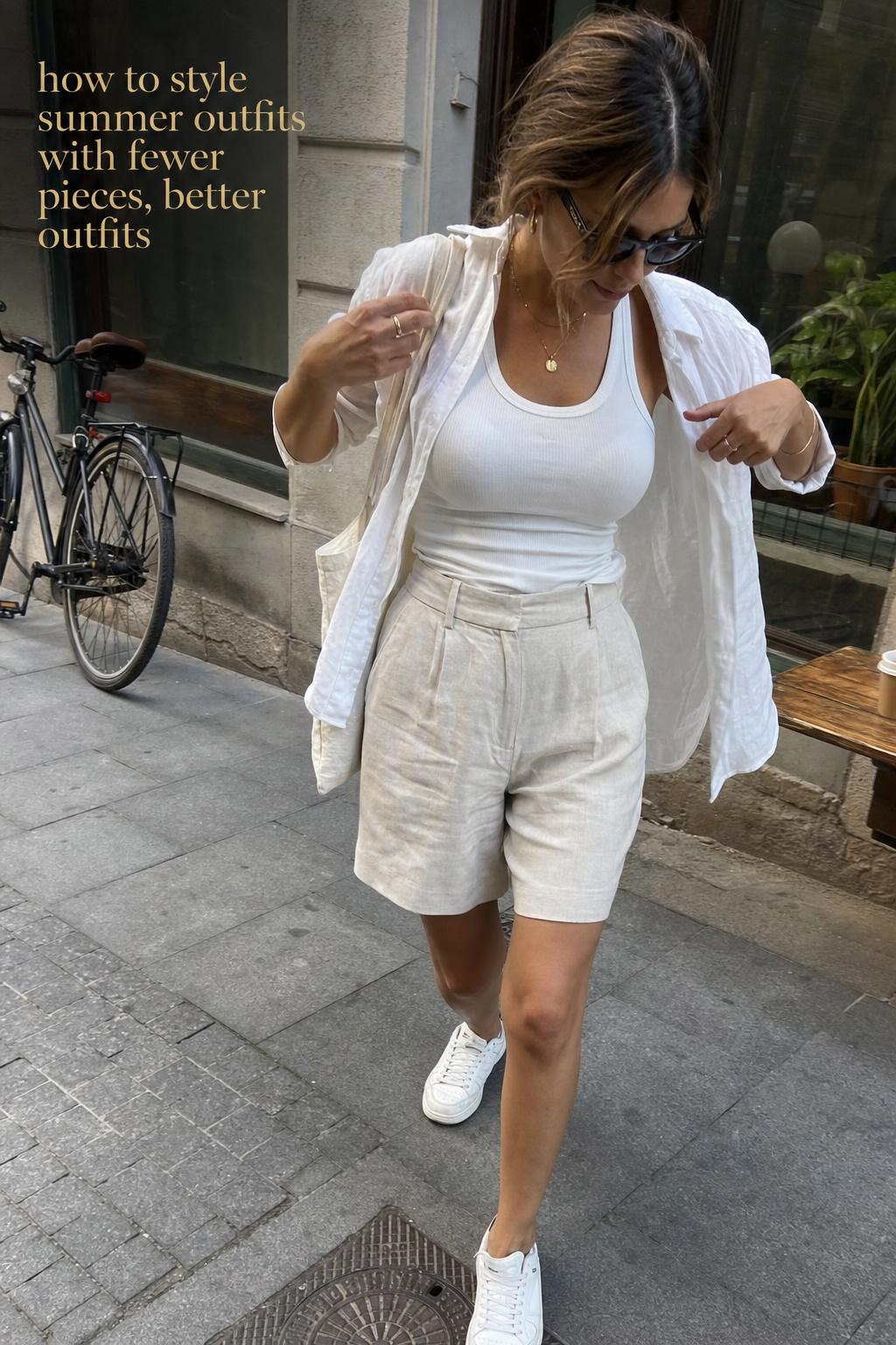 Woman adjusting oversized linen shirt on city sidewalk, how to style summer outfits in neutral tones, candid daylight photo