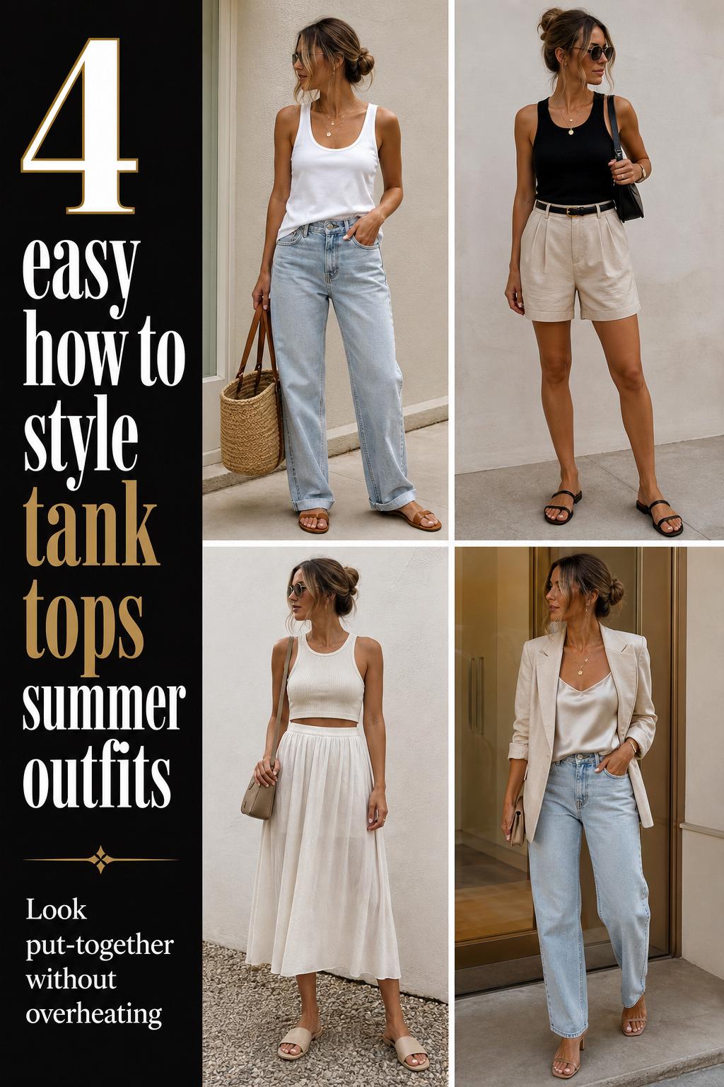 Visual checklist of 4 women’s looks showing how to style tank tops summer outfits in light neutrals with denim, shorts, skirt, and blazer