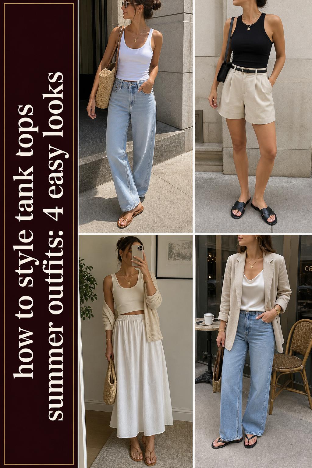 How to style tank tops summer outfits guide with 4 outfit grid looks in neutral tones, jeans, shorts, skirt, blazer.