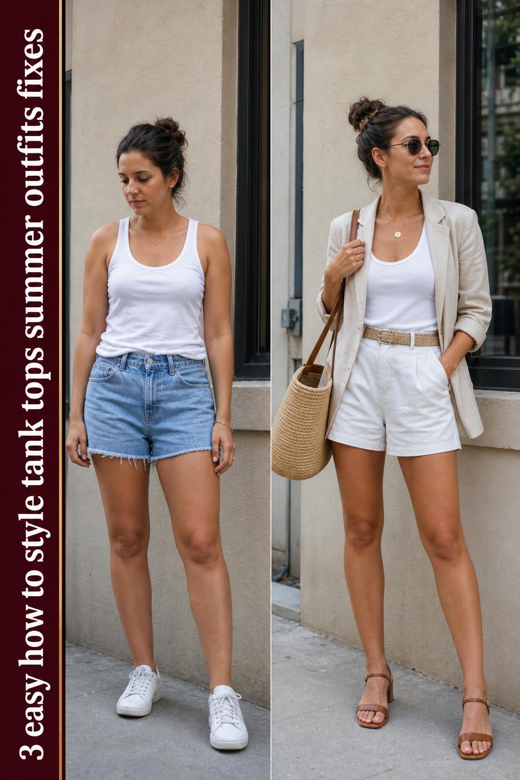 How to style tank tops summer outfits with high-waisted shorts and sandals on a sunny day