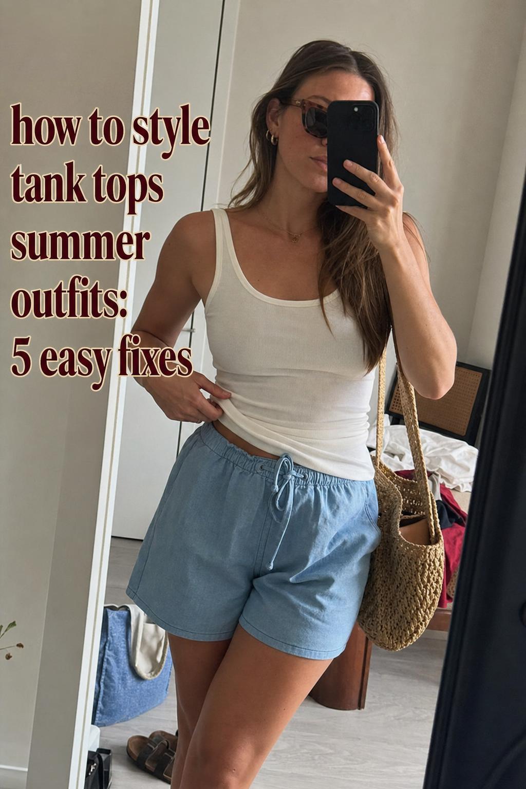 Mirror selfie of woman in a white tank top and denim shorts, showing how to style tank tops summer outfits