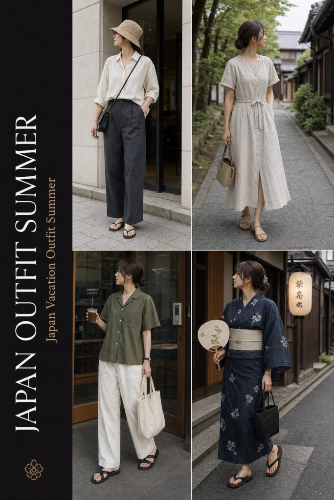 Japan outfit summer grid featuring 4 breathable travel looks for Tokyo, Kyoto, Osaka and a muted yukata evening style