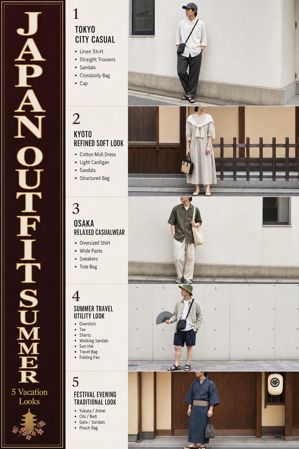 Japan outfit summer guide pin showing 5 vacation looks: Tokyo casual, Kyoto dress, Osaka relaxed, utility travel, and yukata