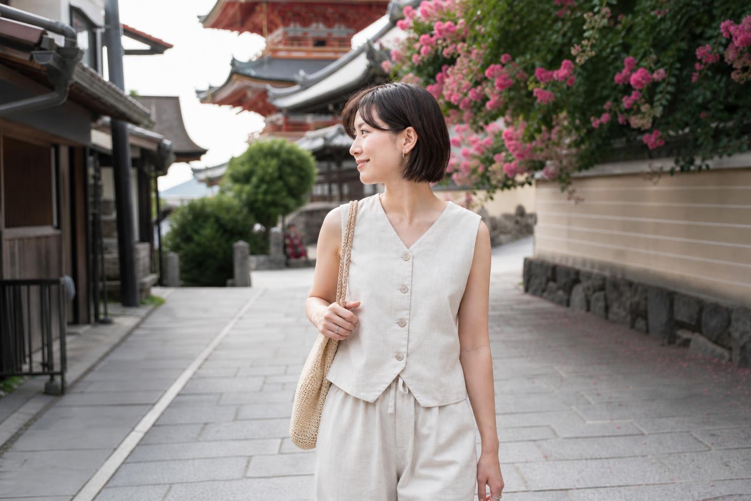 Japan outfit summer look with airy linen shirt, relaxed trousers, and neutral palette for cool, polished city style