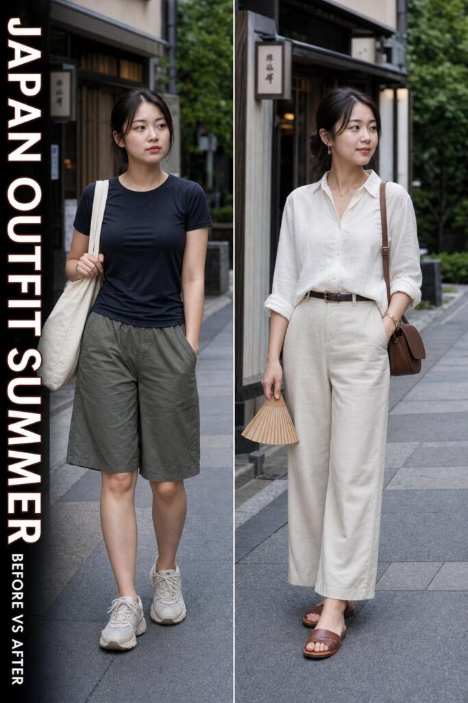 Japan outfit summer before-and-after: young woman on a quiet Japanese street in a dull look vs breathable linen travel outfit