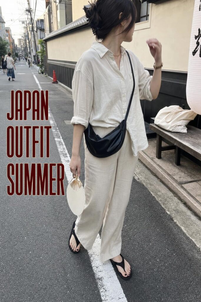 Japan outfit summer street photo of traveler in airy linen shirt and trousers walking on a Tokyo side street