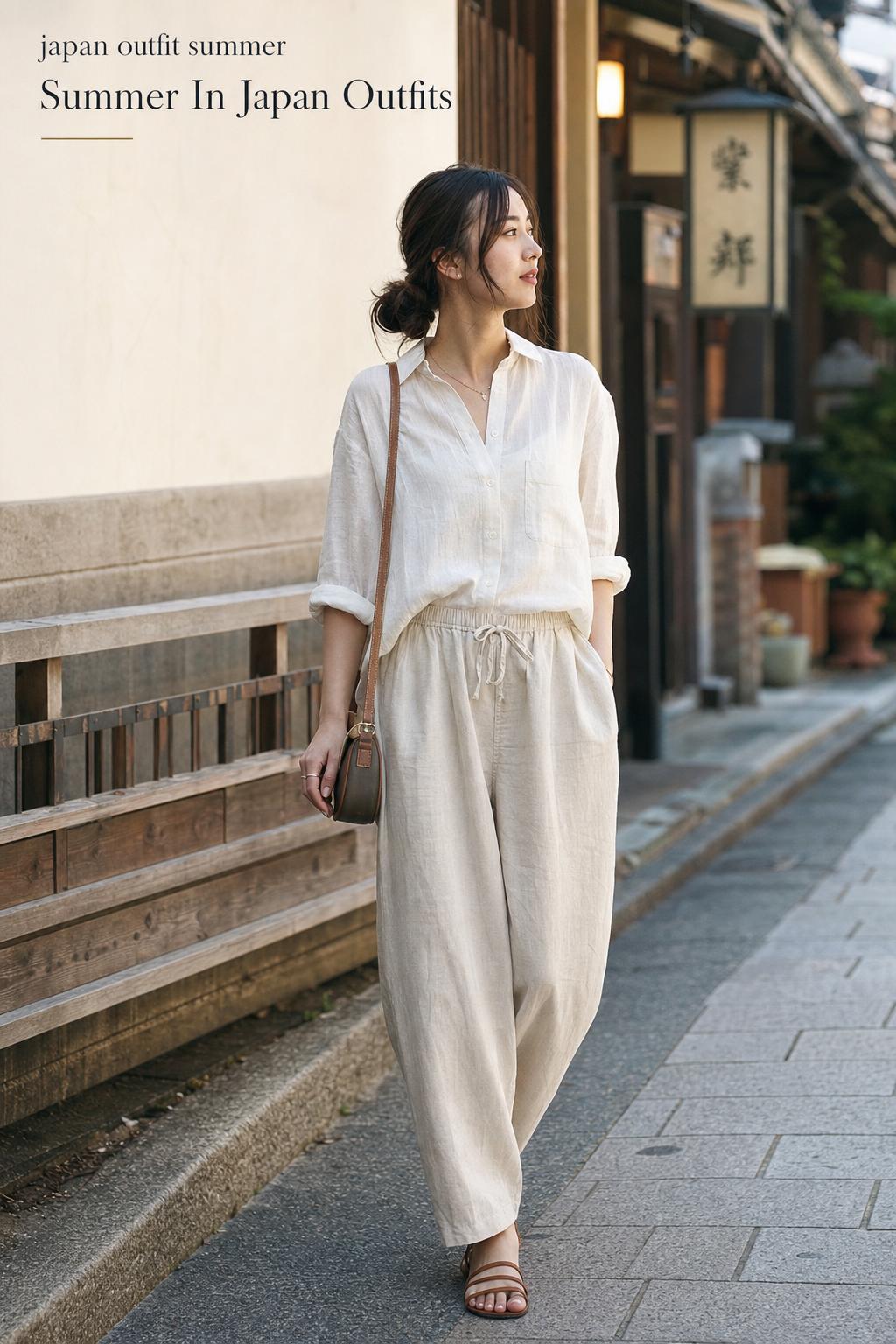 japan outfit summer editorial photo of a stylish young adult in linen shirt and trousers on a quiet Kyoto street