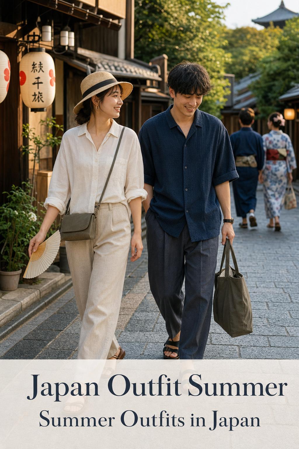 japan outfit summer street style couple walking in Kyoto machiya lane at golden hour in airy linen and seersucker