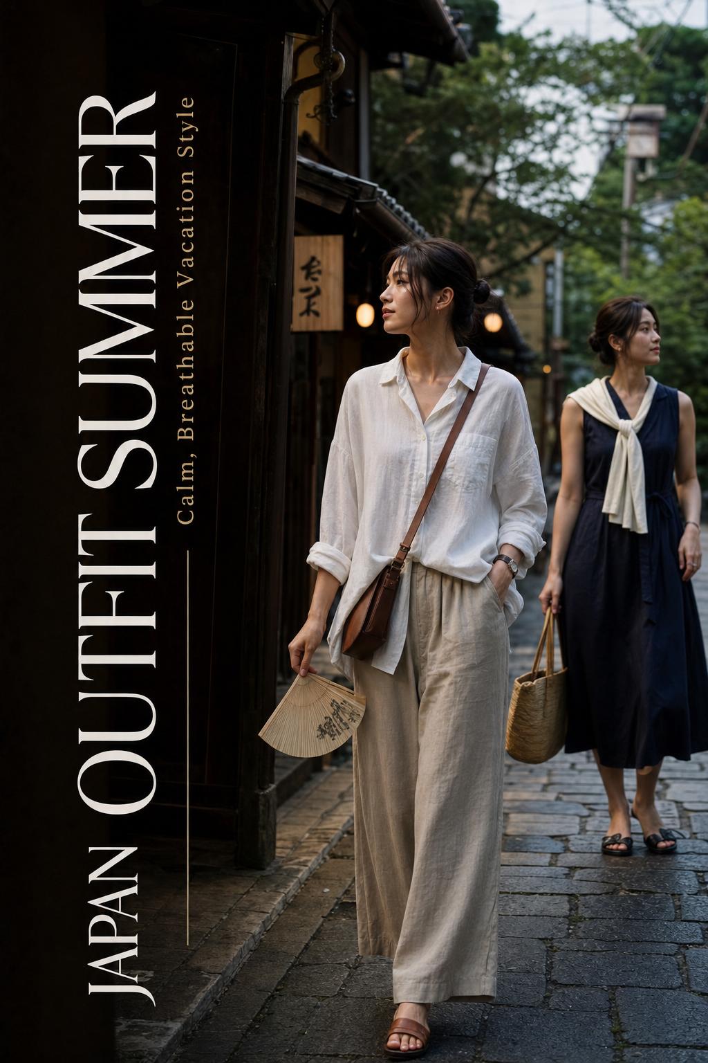Japan outfit summer street style: woman in linen shirt and trousers walking by machiya facades at dusk with elegant text overlay