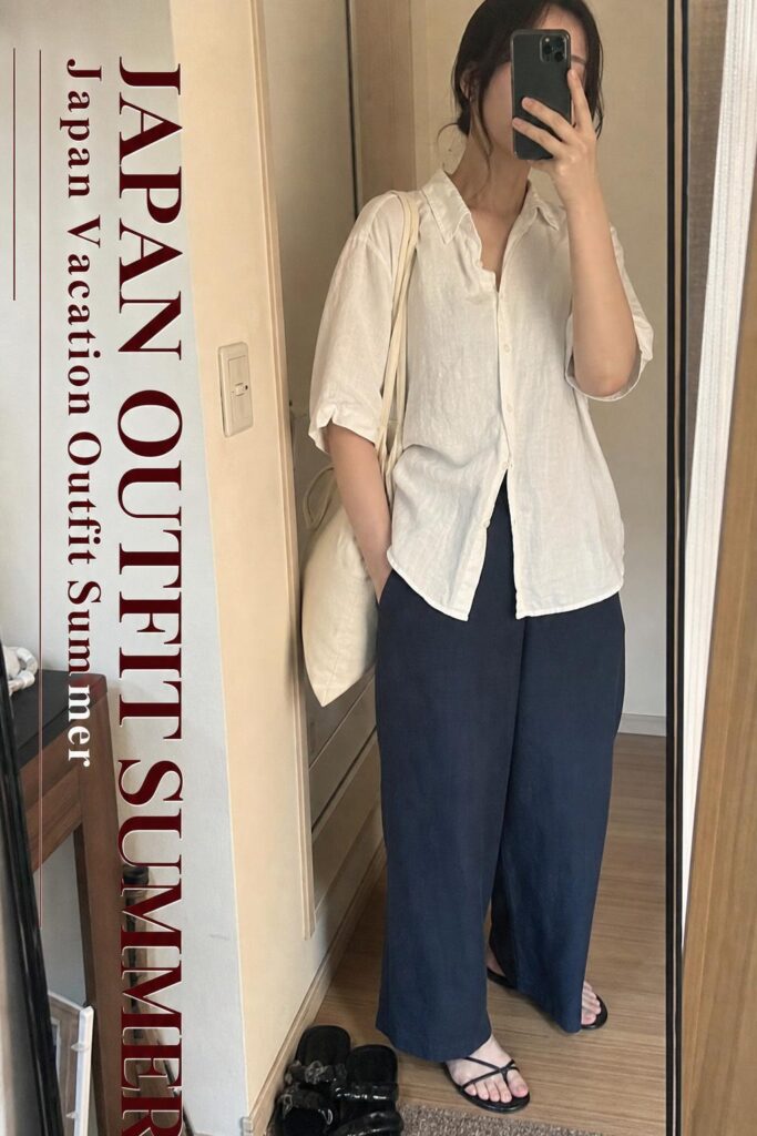 Japan outfit summer mirror selfie in a small apartment, breathable linen shirt and relaxed trousers with sandals and tote