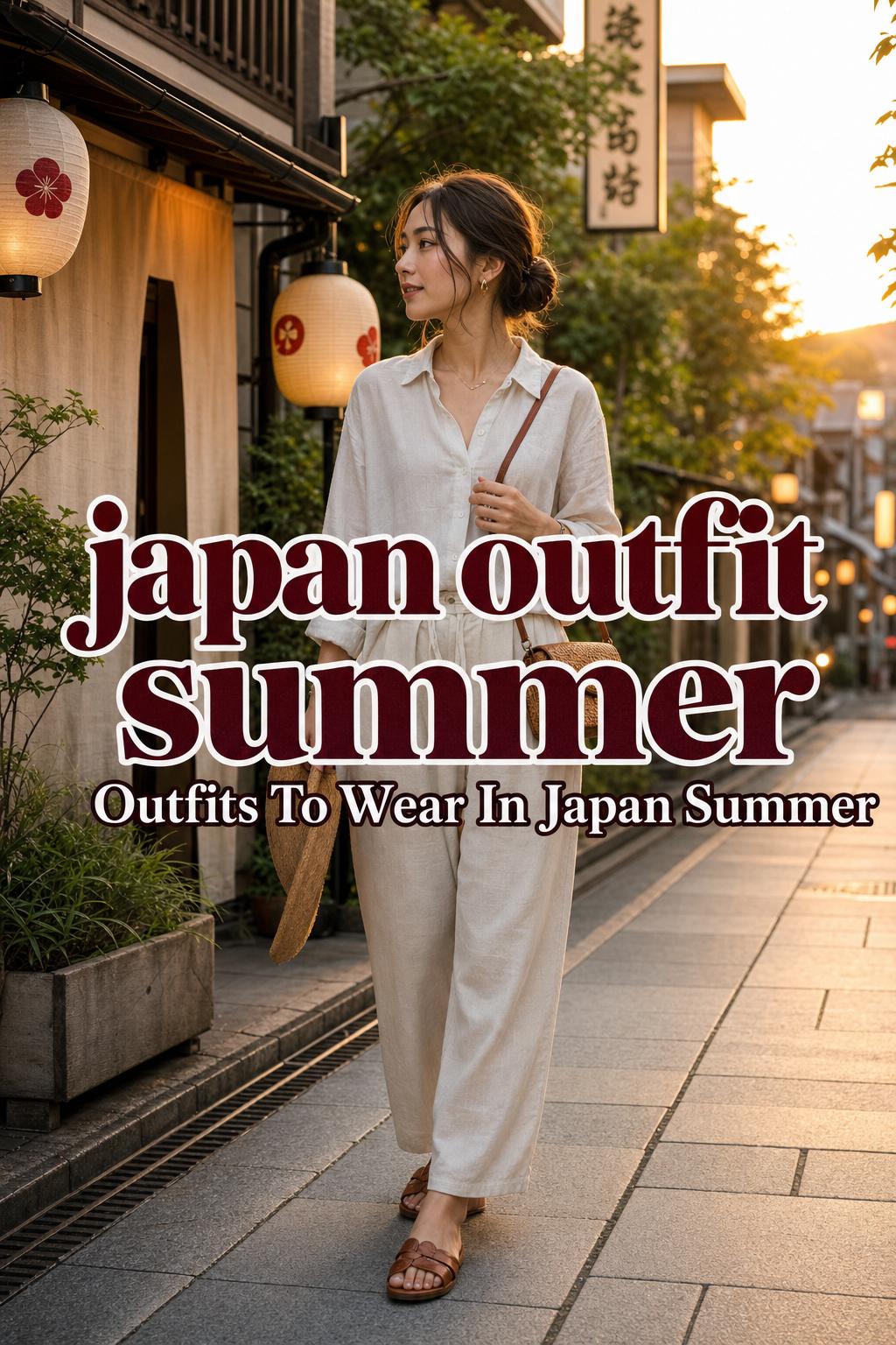 japan outfit summer Pinterest cover of a stylish woman in linen dress walking a quiet Japanese lane at golden hour