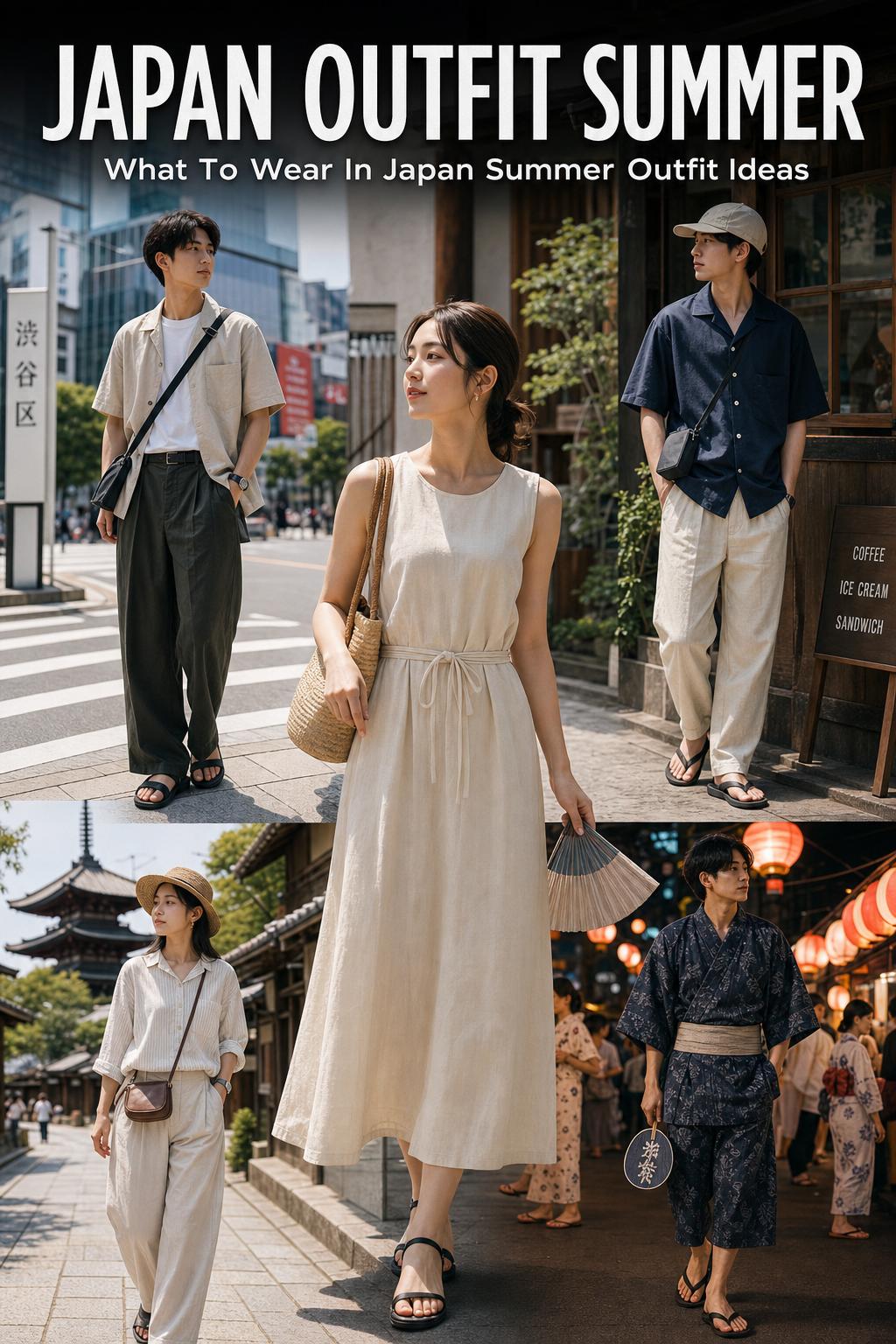 Japan outfit summer street style with lightweight linen shirt and airy shorts on a sunny Tokyo afternoon