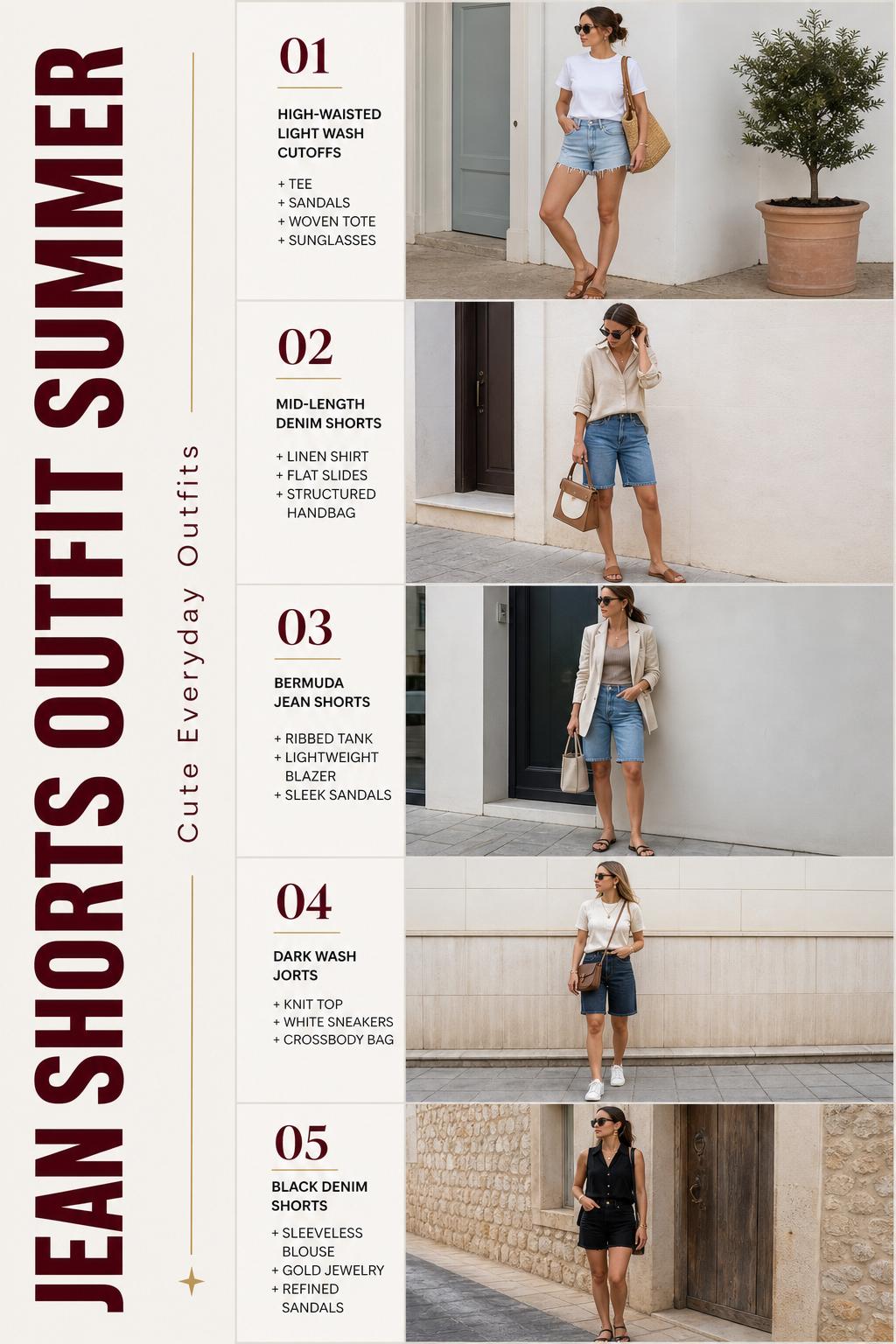 Jean shorts outfit summer checklist featuring 5 cute everyday denim shorts looks in a clean Pinterest-style fashion layout.