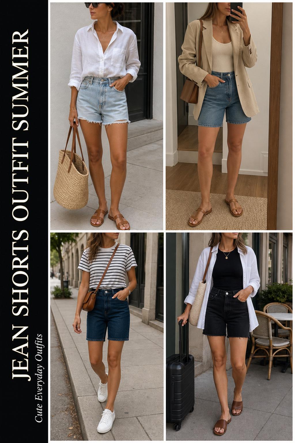 Jean shorts outfit summer grid with four cute everyday denim short looks in neutral tones, styled for city, beach, and travel.