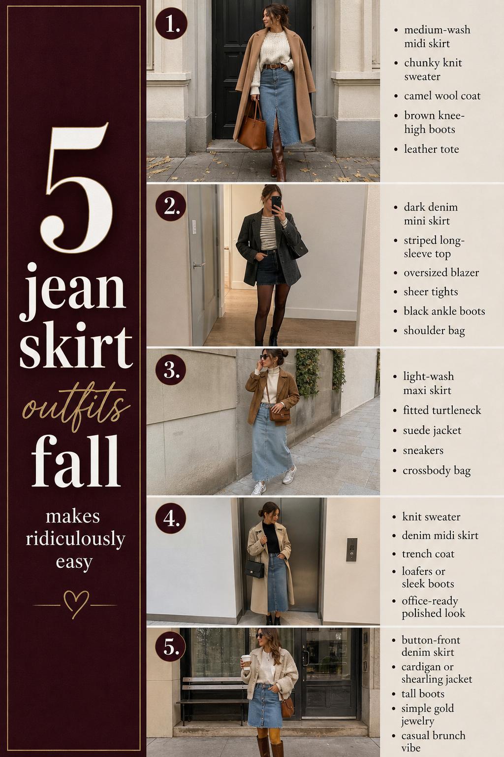 Jean skirt outfits fall guide showing 5 realistic denim skirt looks with cozy knits, coats, boots, and casual layers.